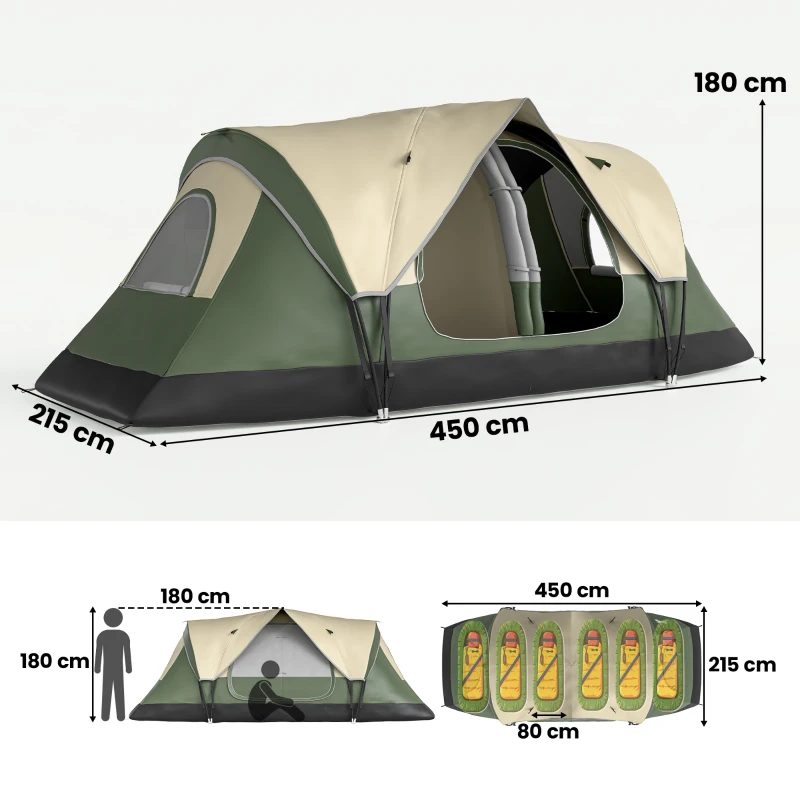 Outsunny Tenda de Campismo Familiar para 5-6 Pessoas Dobrável com 2 Quartos e Bolsa de Transporte  450x215x180 cm Verde e Marrom