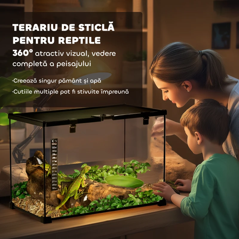 PawHut Terariu pentru reptile ridicat cu încuietoare și termometru, din sticlă și plasă metalică, 50x30x35 cm, negru