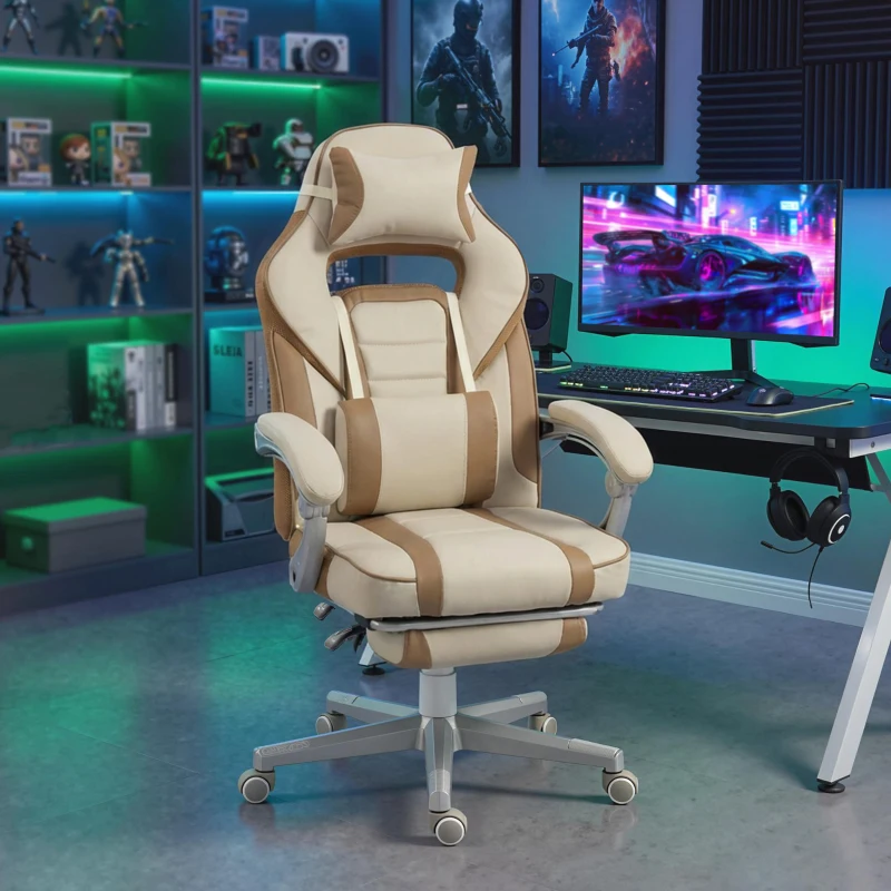 HOMCOM Cadeira Gamer Reclinável com Altura Ajustável Apoio para Pés Retrátil Suporte Lombar e Almofada de Cabeça Removível Creme