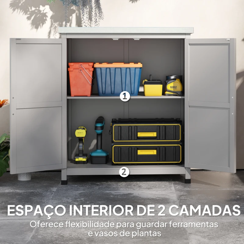 Outsunny Armário de Exterior em Madeira com Tampo de Aço Galvanizado Prateleira 2 Portas  para Armazenamento de Ferramentas 79x43x92 cm Cinza