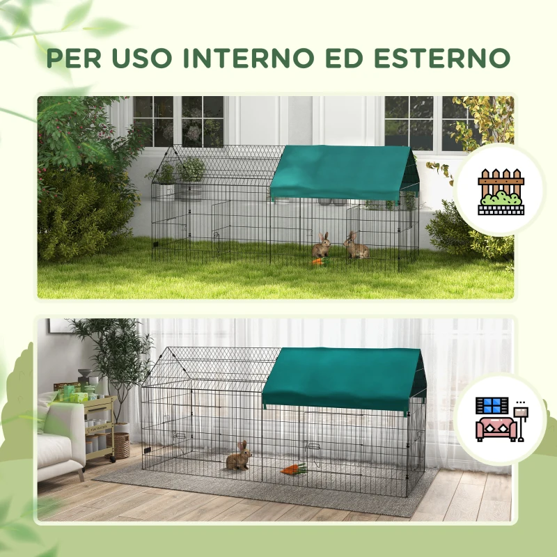 PawHut Gabbia per Conigli da Esterno e Interno a Casetta con Tettuccio, 220x85x103cm, Verde