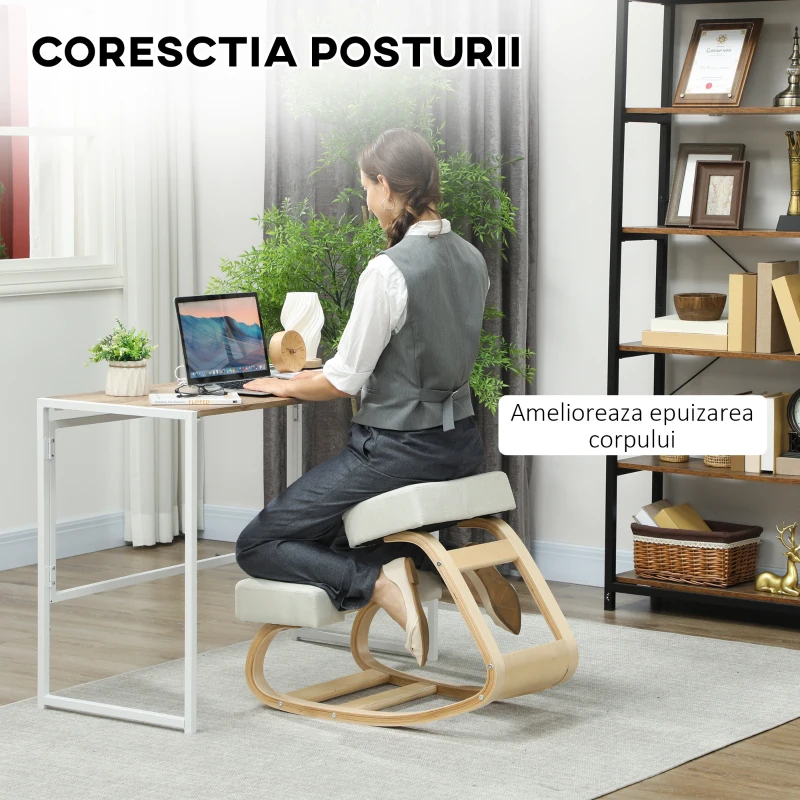 Vinsetto Sedia Ergonomica con Inginocchiatoio in Legno di Betulla e Cuscino, 51x69x58 cm, Crema