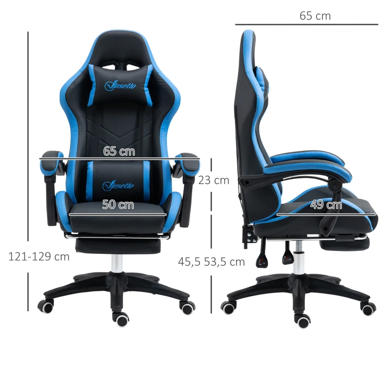 Vinsetto Cadeira Gaming Cadeira Gamer de Pele PU Reclinável 135° Apoio para a Cabeça e Apoio para os Pés 65x65x121-129 cm Preto e Azul