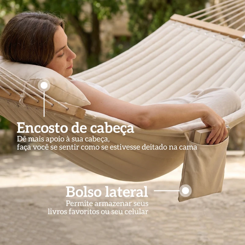 Outsunny Cama Rede Acolchoada de Jardim Portátil com Almofada Ajustável Bolso para Revistas Estrutura de Madeira 325x140 cm Creme