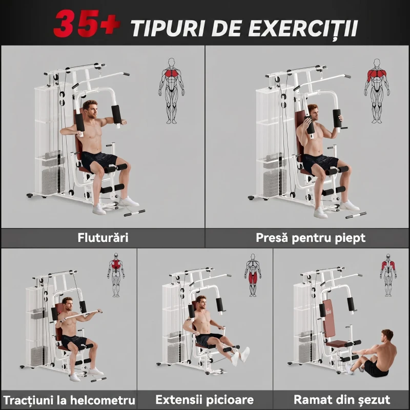 HOMCOM Stație de Fitness Multifuncțională pentru Acasă și Sală, cu 4 Perne din Oțel și PU, 150x110x210 cm, Alb