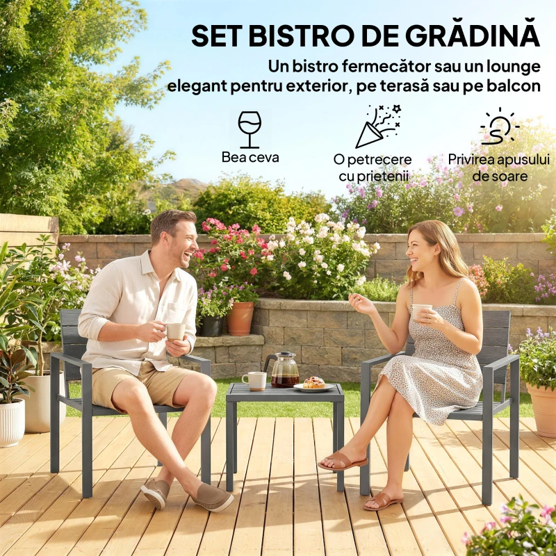 Outsunny Set de Grădină 3 piese cu 2 Scaune de Exterior și Măsuță de Cafea, din HDPE și Metal, Gri Închis