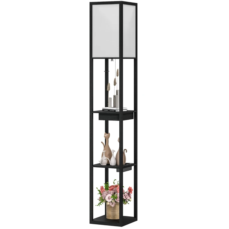 HOMCOM Stehlampe mit 3-stufigem Regal, Fußschalter, USB-Anschlüssen, MDF, Schwarz