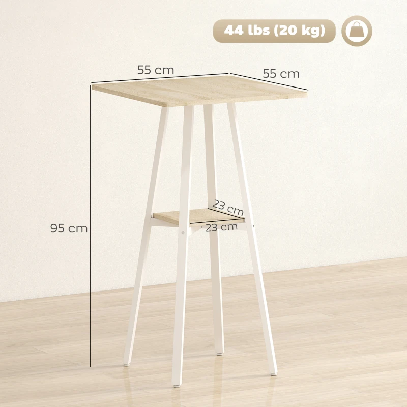 HOMCOM Mesa Alta de Cozinha Quadrada com Prateleira Mesa Alta de Bar para 2 Pessoas Pernas de Metal 55x55x95 cm Madeira e Branco