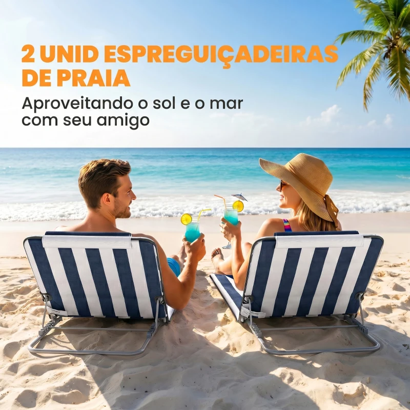 Outsunny Conjunto de 2 Esteiras com Encosto Reclinável, Apoio de Cabeça e Bolsa de Transporte 134x48x33-43 cm Brancas e Azuis