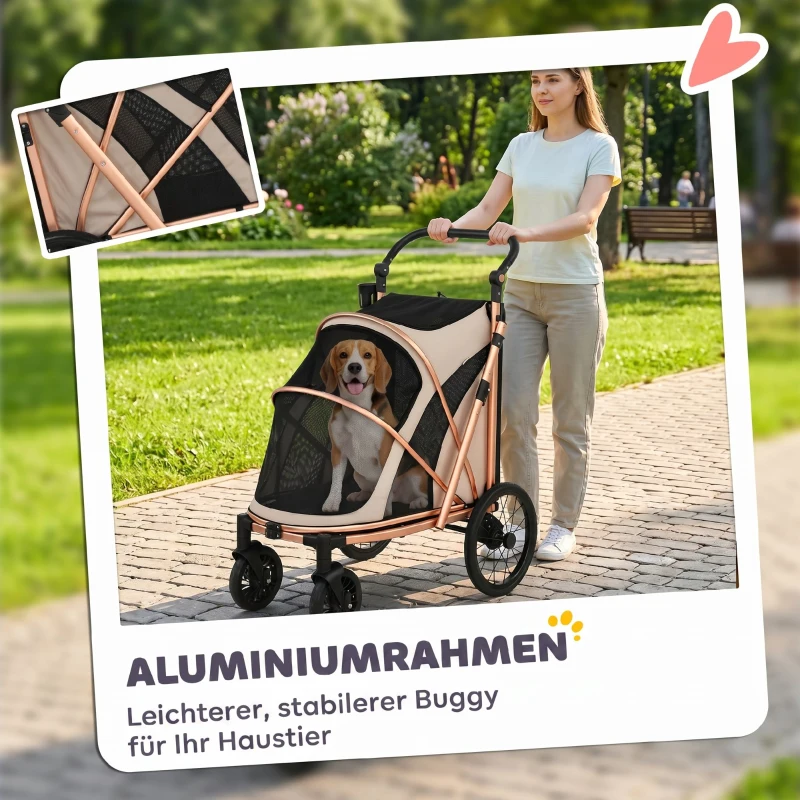 PawHut Hundewagen Faltbar Hundebuggy für Hunde bis 20 kg mit 360°Drehrädern Netzfenster Kissen Verstellbarer Griff Hellbraun