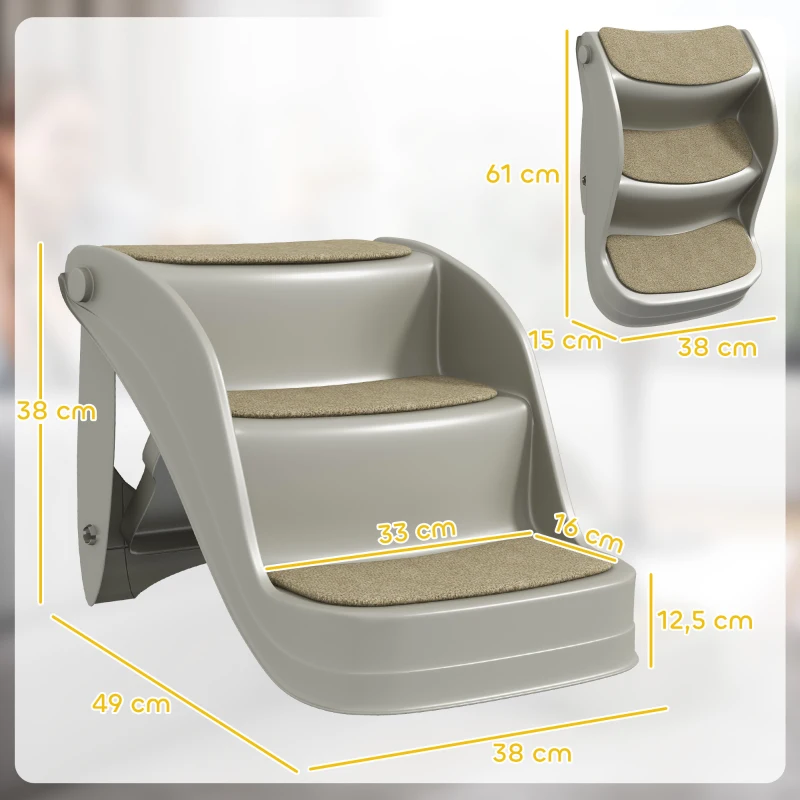 PawHut Escada para Cães de 3 Degraus Dobrável Escada para Animais de Estimação com Tapetes Antiderrapantes 49x38x38 cm Cinzento