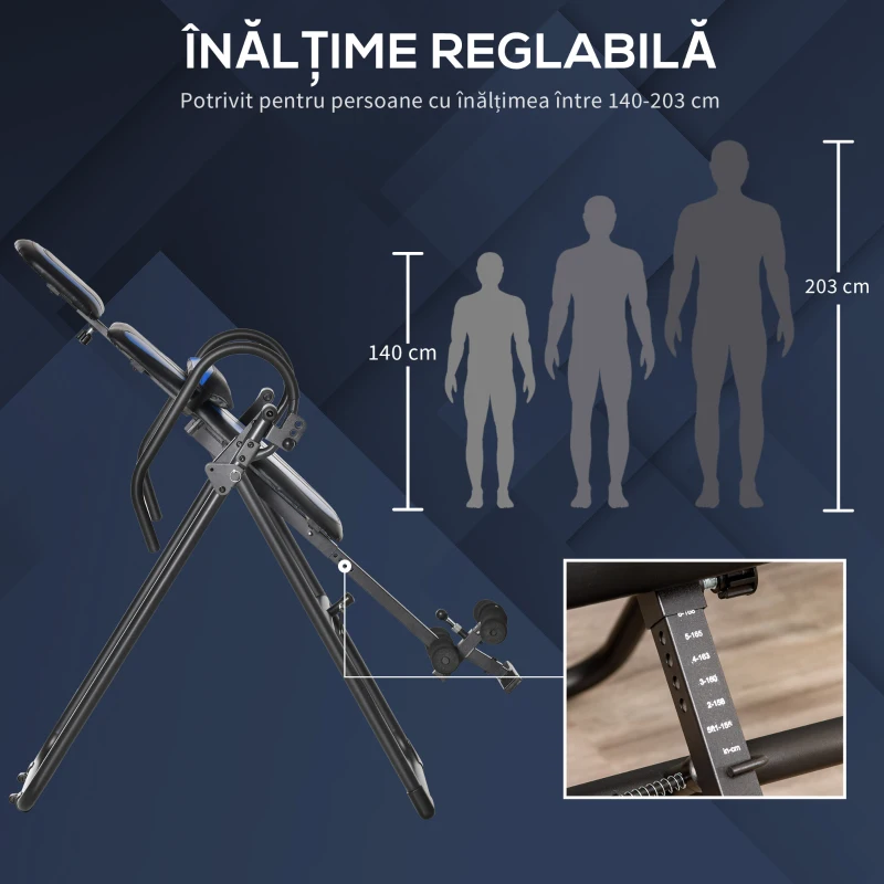 HOMCOM Bancă pentru Inversiune Gravitațională Pliabilă, cu Lungime Reglabilă între 140-203 cm și Roți, Neagră și Albastră
