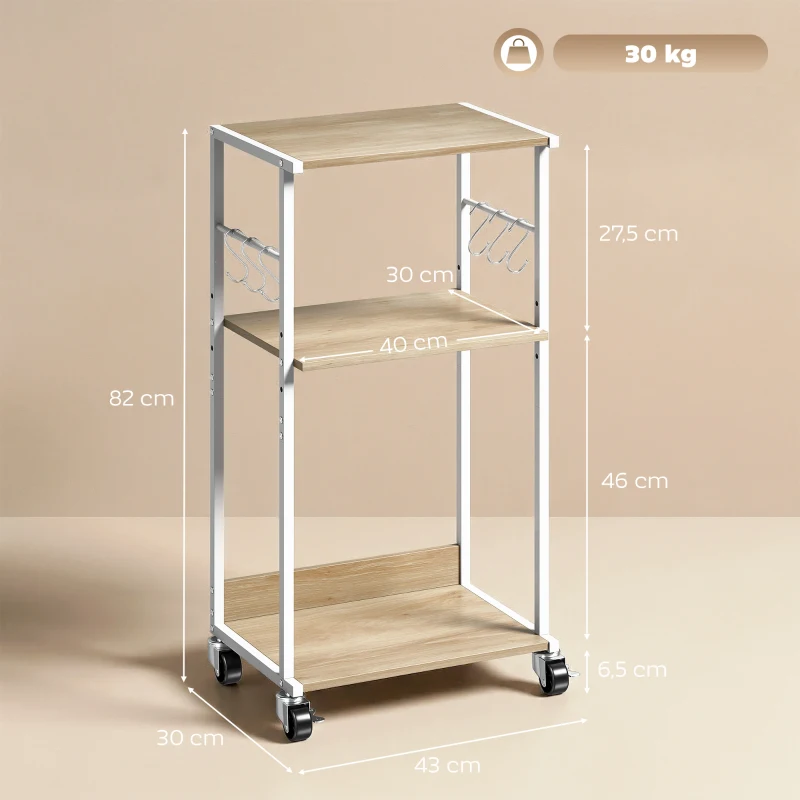 HOMCOM Suporte para Impressora de 3 Níveis com Rodas, Móvel com Ganchos e Estrutura Metálica 43x30x82 cm Madeira