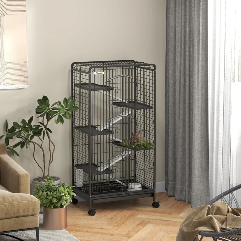 PawHut Gabbia per Piccoli Animali con Ruote, 5 Rampe e 5 Piattaforme, Ciotola e Bottiglia, 61.5x44x131 cm, Nero
