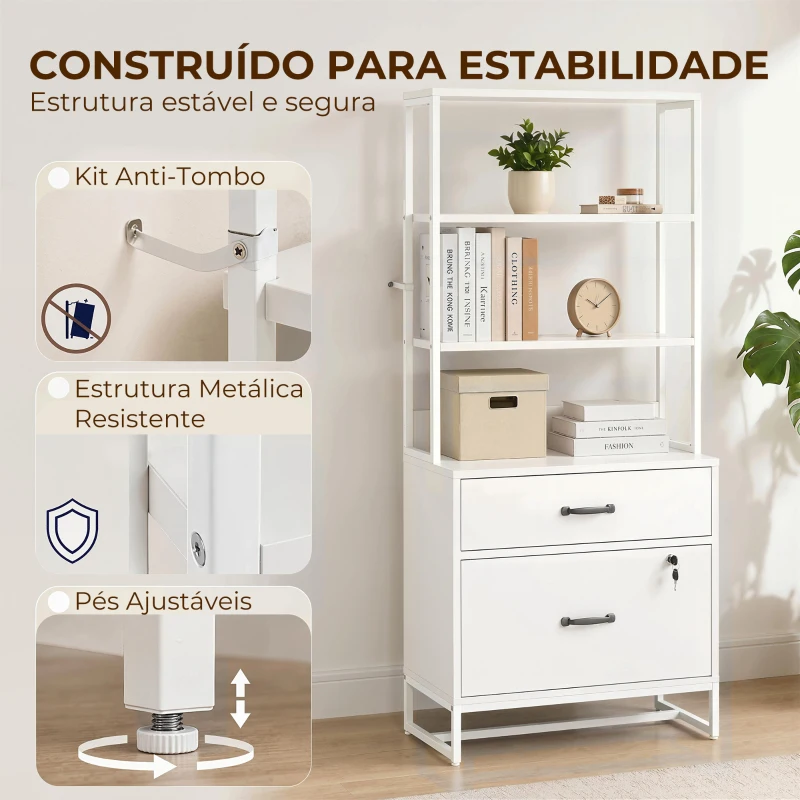 HOMCOM Arquivador com Prateleiras Móvel de Escritório com Prateleiras Gaveta para Arquivos A4 e Carta e Suporte para Impressora 70x40x157 cm Branco