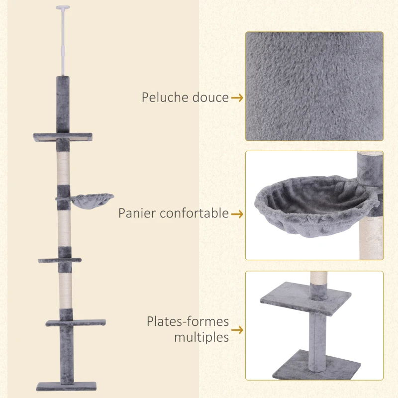 PawHut Arbre chat du sol au plafond poteau à griffer L40 x l 34 x H 230-260 cm 5 niveaux d'activités gris