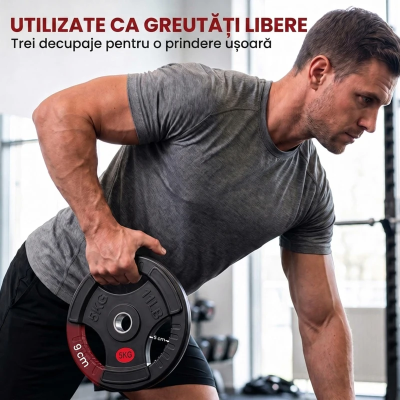 SPORTNOW Set de discuri greutăți 2x5 kg cu orificiu de 5 cm și 3 mânere, oțel cu înveliș din plastic, negru