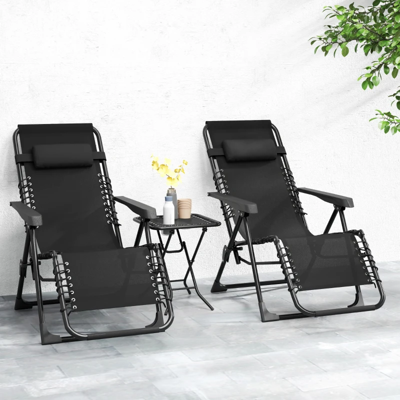 Outsunny Lot de 2 chaise longue pliable et inclinable avec table d'appoint, porte-gobelets et appuie-têtes, charge 120 kg, noir