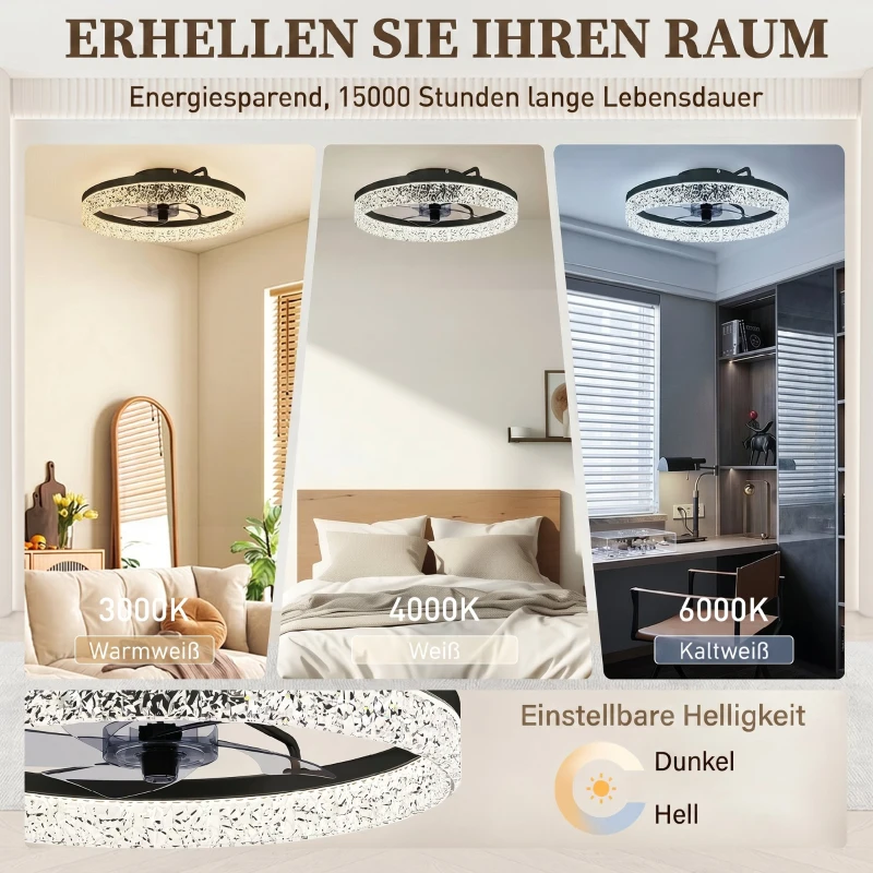HOMCOM Deckenventilator mit Licht, dimmbarer LED-Deckenventilator mit Fernbedienung für Schlafzimmer und Wohnzimmer, Schwarz