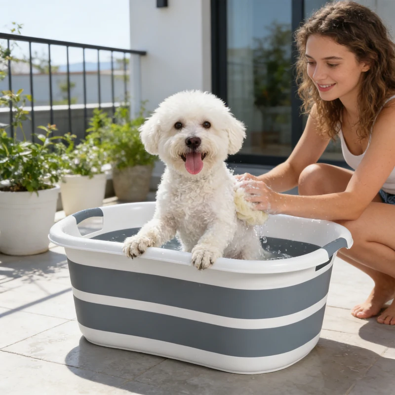 PawHut Cadă de baie pentru câini, cadă pliabilă portabilă cu orificiu de scurgere, pentru câini mici și pui, gri