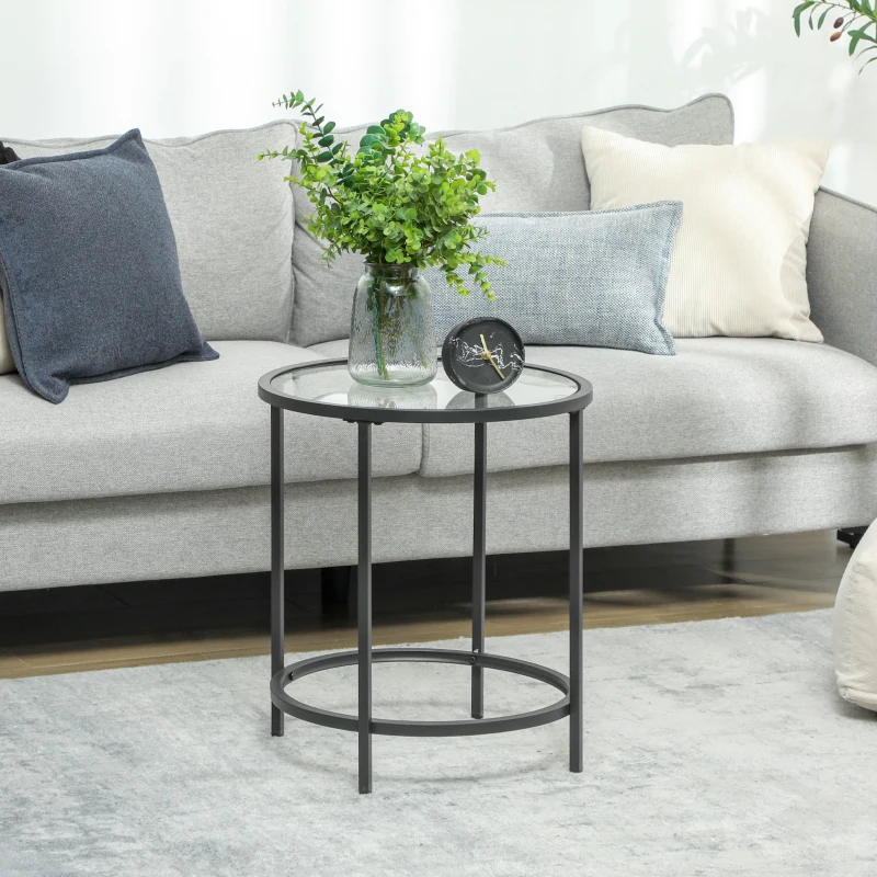 HOMCOM Runder Beistelltisch mit Glasplatte und Metallrahmen, kleiner Kaffeetisch für Wohnzimmer, Schlafzimmer, Schwarz