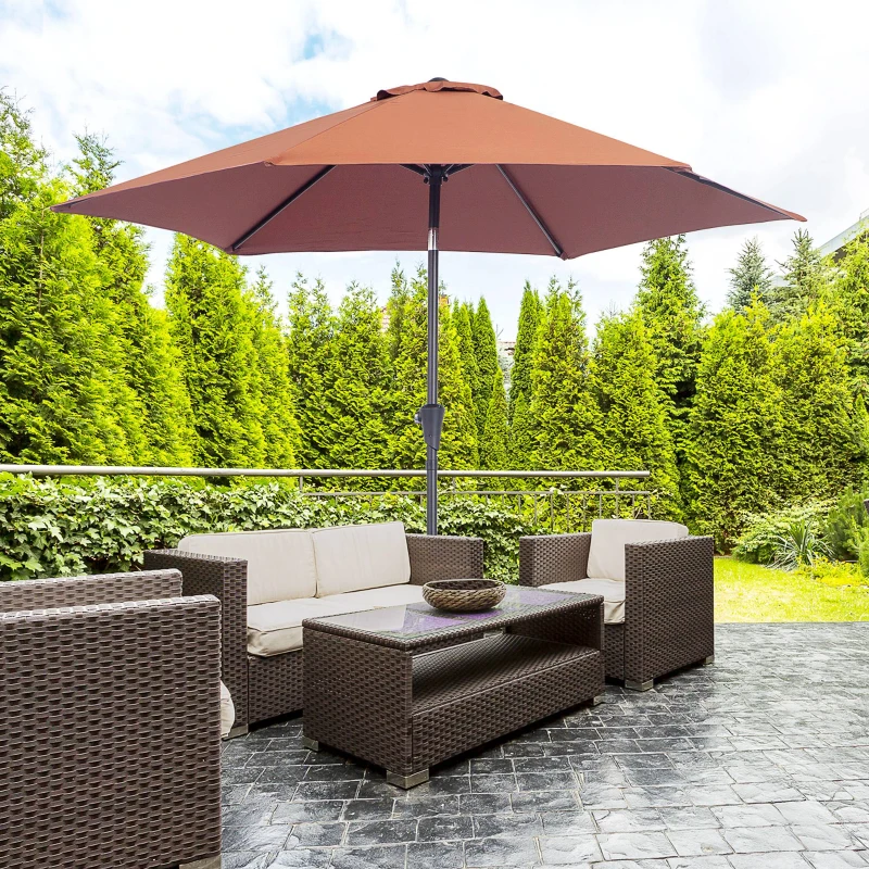 Outsunny Chapéu de Sol de Jardim Ø260x235cm de Alumínio Reclinável com Manivela e 6 Hastes para Terraço Exterior Varanda Café