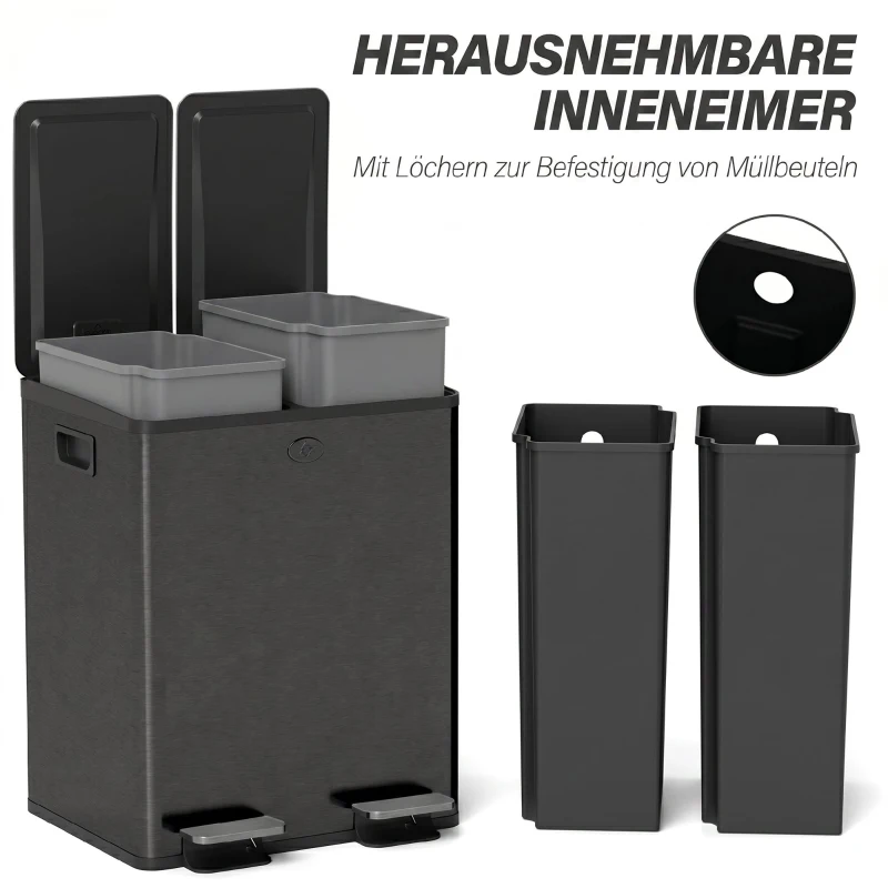 HOMCOM Papeleira de Cozinha em Aço Inoxidável com 2 Compartimentos 2x20L Pedal, Tampas de Fecho Suave e Balde Removível Preto