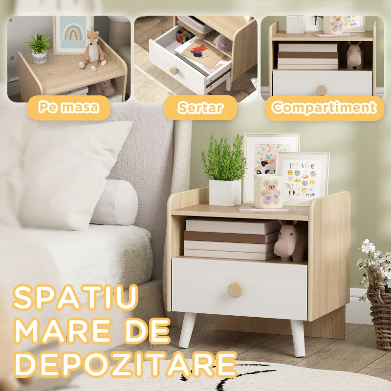 AIYAPLAY Noptieră cu Sertar pentru Copii 3-10 Ani din MDF și Lemn de Pin, 40x32,5x40 cm, Alb