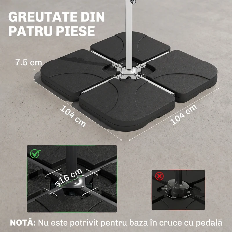 Outsunny Bază pentru Umbrelă, Set 4 Bucăți din HDPE, Umplută cu Apă sau Nisip, 104x104x7.5 cm, Neagră