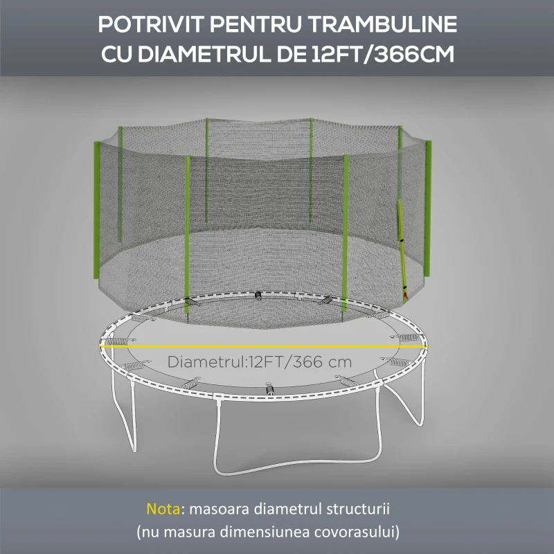SPORTNOW Plasă de protecție pentru trambuline cu 8 stâlpi, cu acces cu fermoar, din PE, Ø366x180 cm, negru și verde