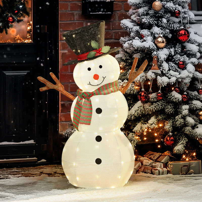 Outsunny Fröhliche Schneemann-Dekoration für Weihnachten, Außendekoration mit LED-Lichtern, Stahl, Polyester, Weiß+Schwarz
