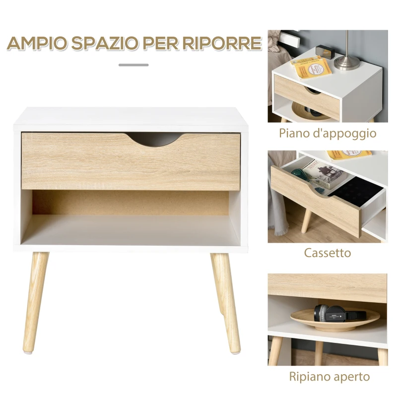 HOMCOM Set di 2 Set de 2 Noptiere Moderne cu Sertar şi  Etajera, Baza Înalţata şi Picioare din Lemn , 50x39x51cm, Alb şi Stejar (m-9)