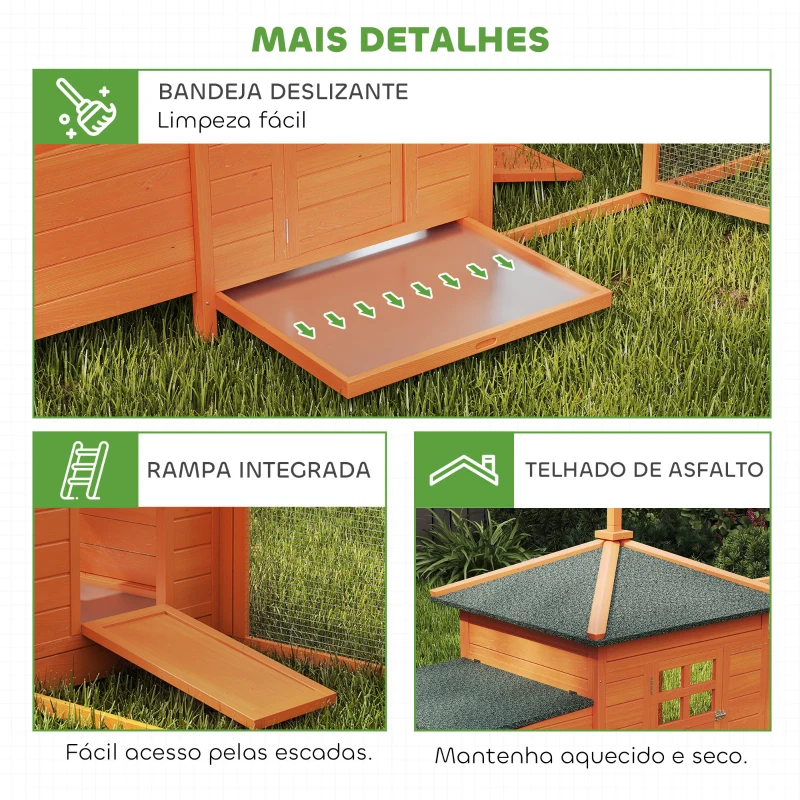 PawHut Galinheiro de Madeira para Exterior Gaiola para Galinhas com Ninhos Cercado Bandeja Removível Teto Abatível 196x76x97 cm Madeira