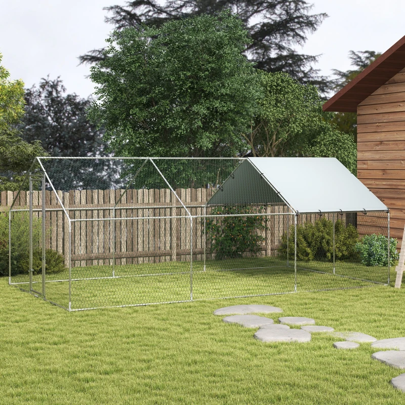 PawHut Galinheiro Grande para Exterior de Aço Galvanizado 5,1x3x1,9 m 15,3 m² com Cobertura de Tecido Oxford e Fecho Prata