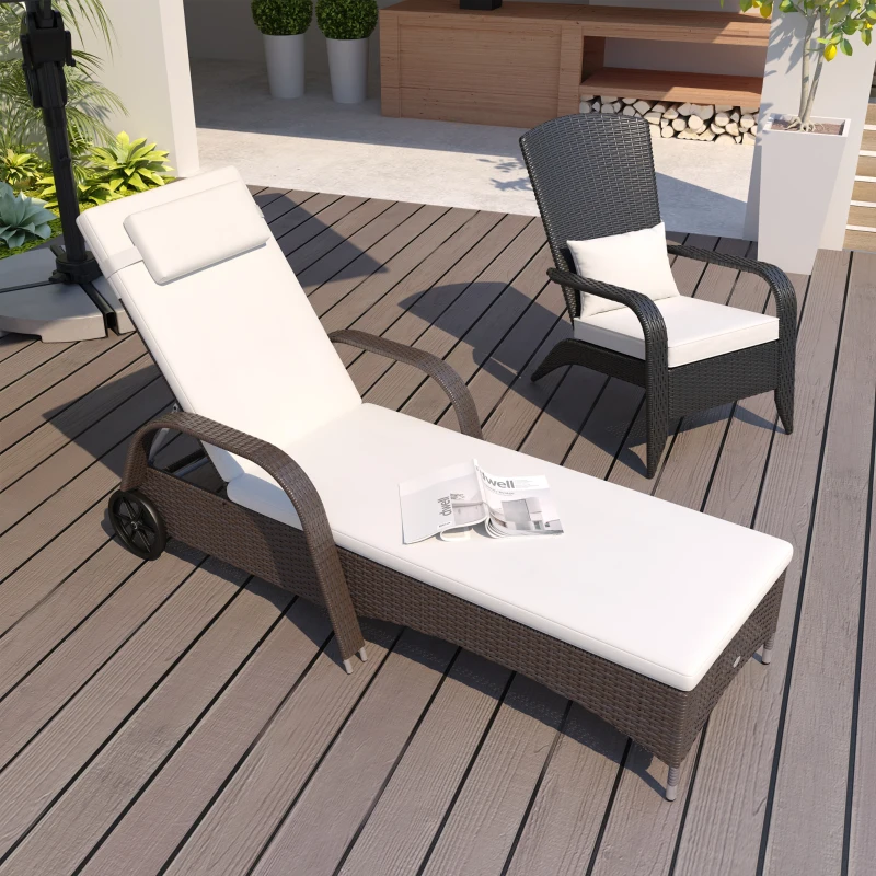 Outsunny Gartenliege mit Auflage, verstellbare Rückenlehne, Metallgestell, Polyrattan, braun+creme, 200 x 73 x 103 cm