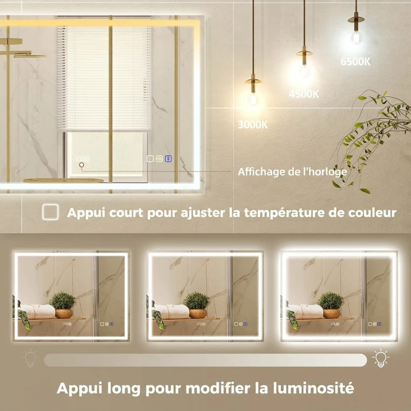 HOMCOM Miroir salle de bain LED bluetooth 90 x 70 cm interrupteur tactile lumière réglable 3 couleurs anti-buée mémoire argent