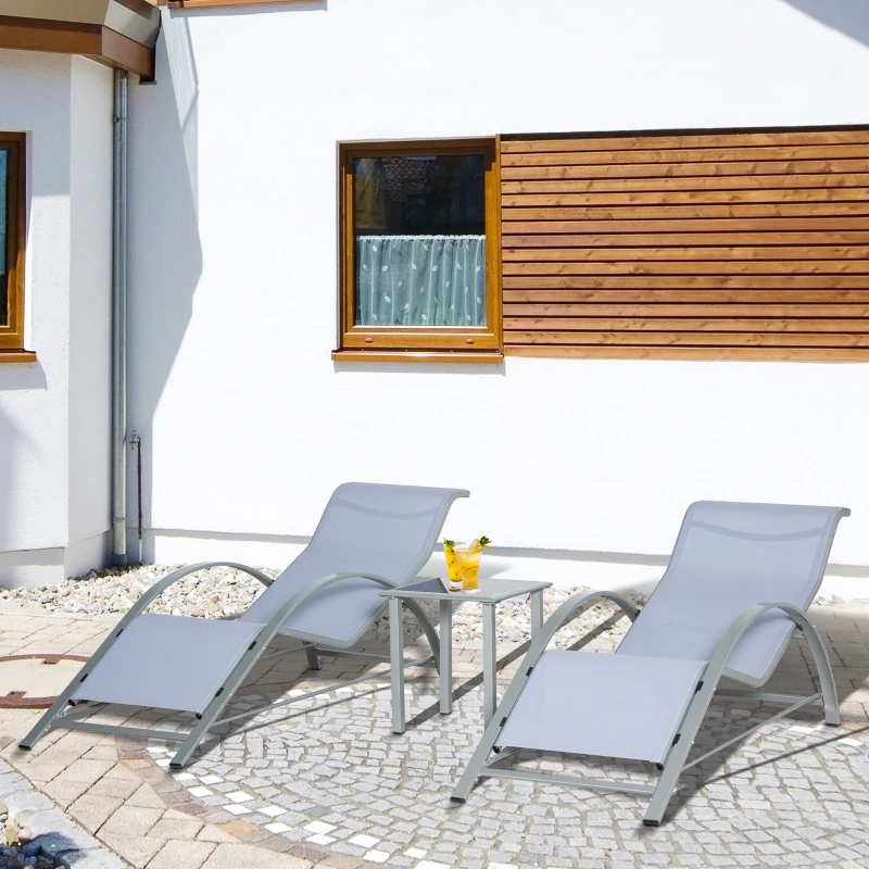 Outsunny Gartenliege Set Metall Mesh 3-TLG. Sonnenliege mit Teetisch Gartengarnitur mit 2 Sonnenliegen, 1 Beistelltisch Gartensitzgruppe für Garten, Balkon 59B x 169T x 66H cm Grau+Schwarz