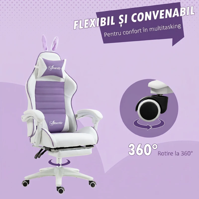 Vinsetto Scaun Gaming cu Urechi de Iepuraș, Suport pentru Picioare, Perne, Reglabil și Reclinabil, Mov