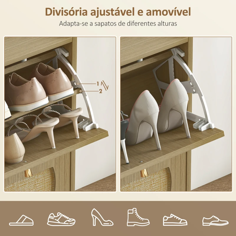 HOMCOM Sapateira Estreita com 4 Portas de Vime Sapateira para Entrada com Prateleiras Ajustáveis para 16 Pares de Sapatos 104,5x24x88 cm Madeira
