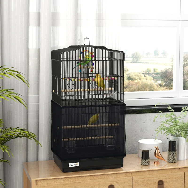 PawHut Colivie pentru pasari cu Stinghii, Leagan si boluri, Voliera din Metal si Plastic, 46.5x35.5x92 cm, Negru