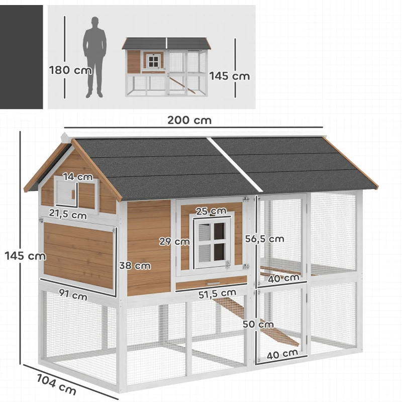 PawHut Hühnerstall Hühnerhaus mit Auslauf Nistkasten herausziehbarem Tablett Asphaltdach für 4 Hühner 200x104x145cm Holz Braun