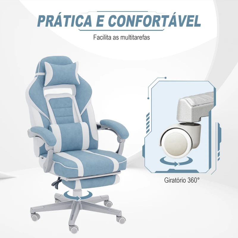 HOMCOM Cadeira Gaming Cadeira de Escritório Reclinável Apoio para os Pés Retrátil Suporte Lombar e Almofada para a Cabeça 63x63x115,5-123 cm Azul