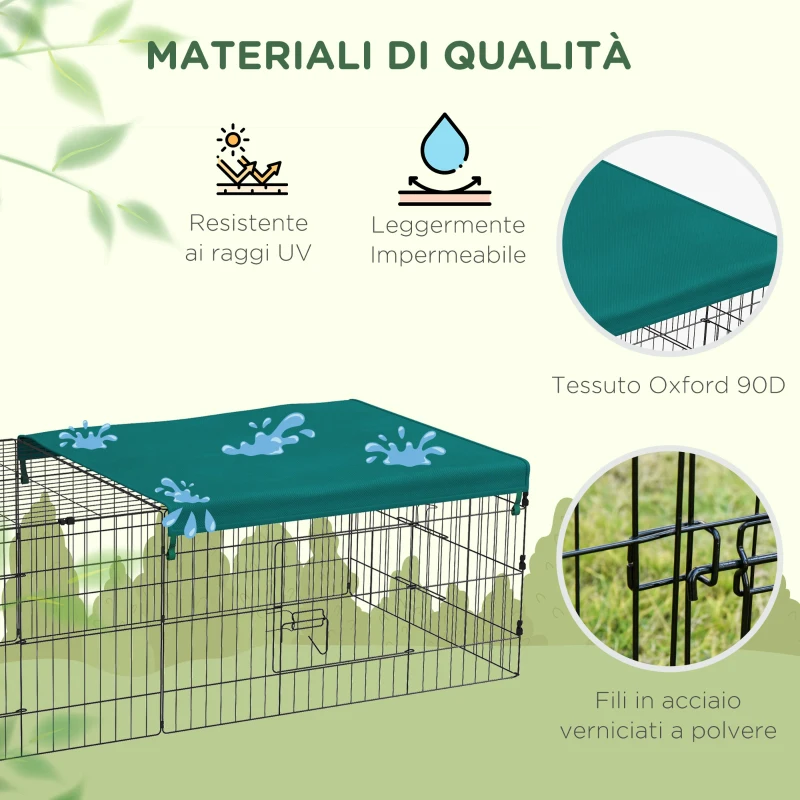 PawHut Gabbia per Conigli da Esterno e Interno con Tettuccio in Acciaio, 185x75x50cm, Verde