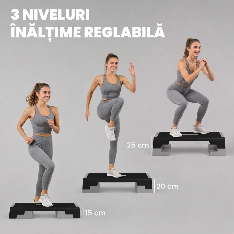 SPORTNOW Stepper Reglabil pe Înălțime cu Trepte Detașabile și Bază Antiderapantă, din ABS, 97x36x15/20/25 cm, Gri