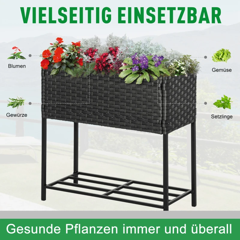 Outsunny Hochbeet, Blumenkasten, tiefe Ablage, Metallrahmen/Polyrattan, 70 x 30 x 70 cm, Dunkelbraun