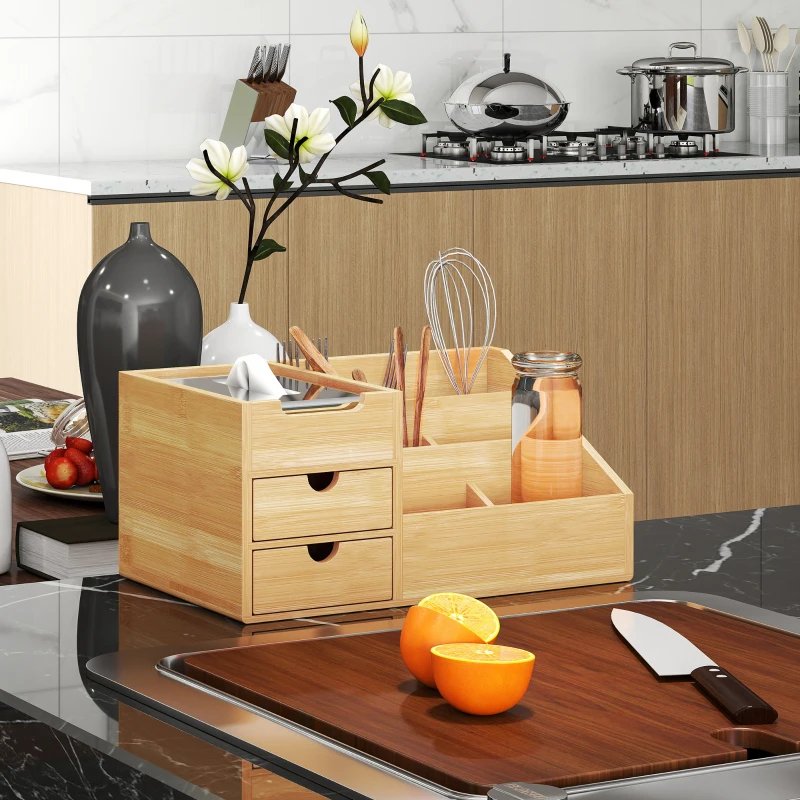 HOMCOM Organizer da Scrivania in Bambù con 2 Cassetti e 7 Scomparti Portaoggetti, 33x20.5x15.5 cm