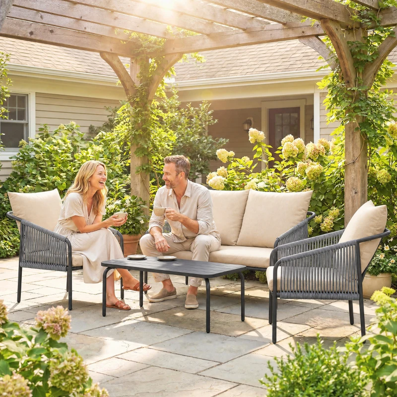 Outsunny Gartenmöbel Set 4-teilig Polyrattan Lounge-Set mit Zweisitzer 2 Sessel Couchtisch abnehmbar Kissen Bindebändern