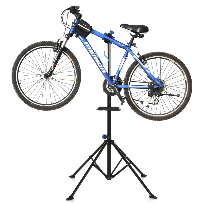 HOMCOM Fahrradmontageständer Zentrierständer Fahrradständer Reparaturständer vierbeinig mit Werkzeugablage Schwarz 144x144x117-170 cm