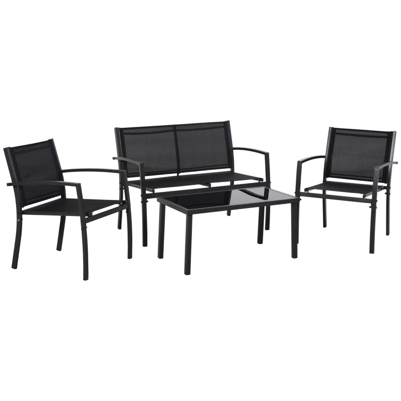 Outsunny Salon de jardin extérieur 4 pièces avec canapé 2 places, 2 chaises et table basse en verre trempé, coussins inclus, noir
