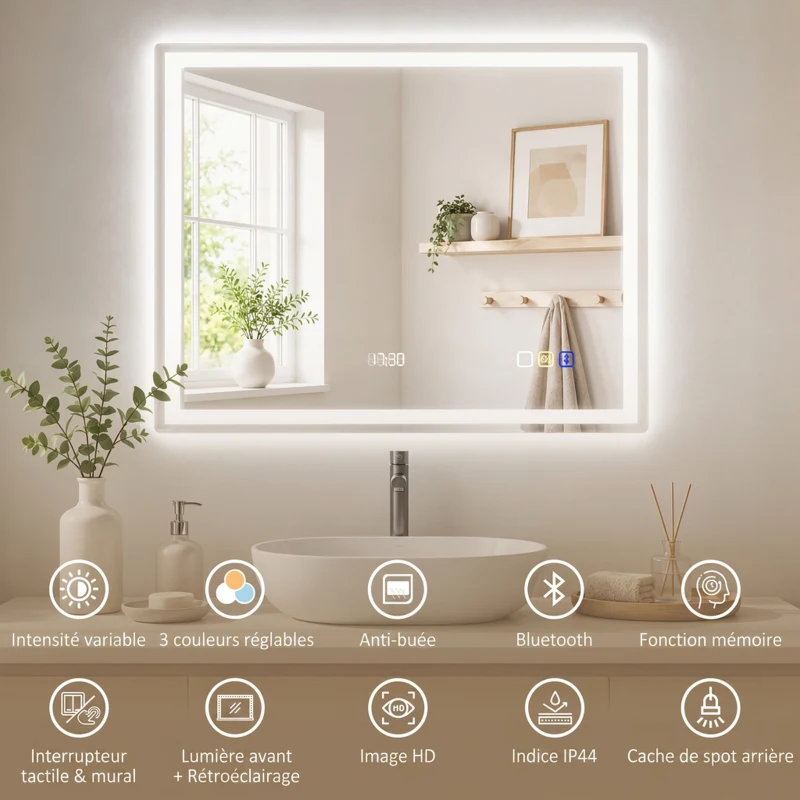 HOMCOM Miroir salle de bain LED bluetooth 90 x 70 cm interrupteur tactile lumière réglable 3 couleurs anti-buée mémoire argent
